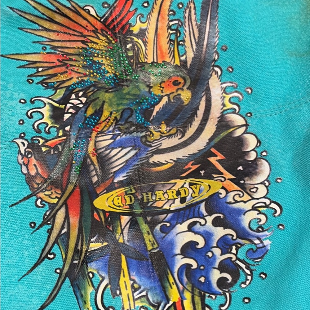 Ed Hardy Turquoise Parrot Graphic Canvas Tote - Picture 3 of 10